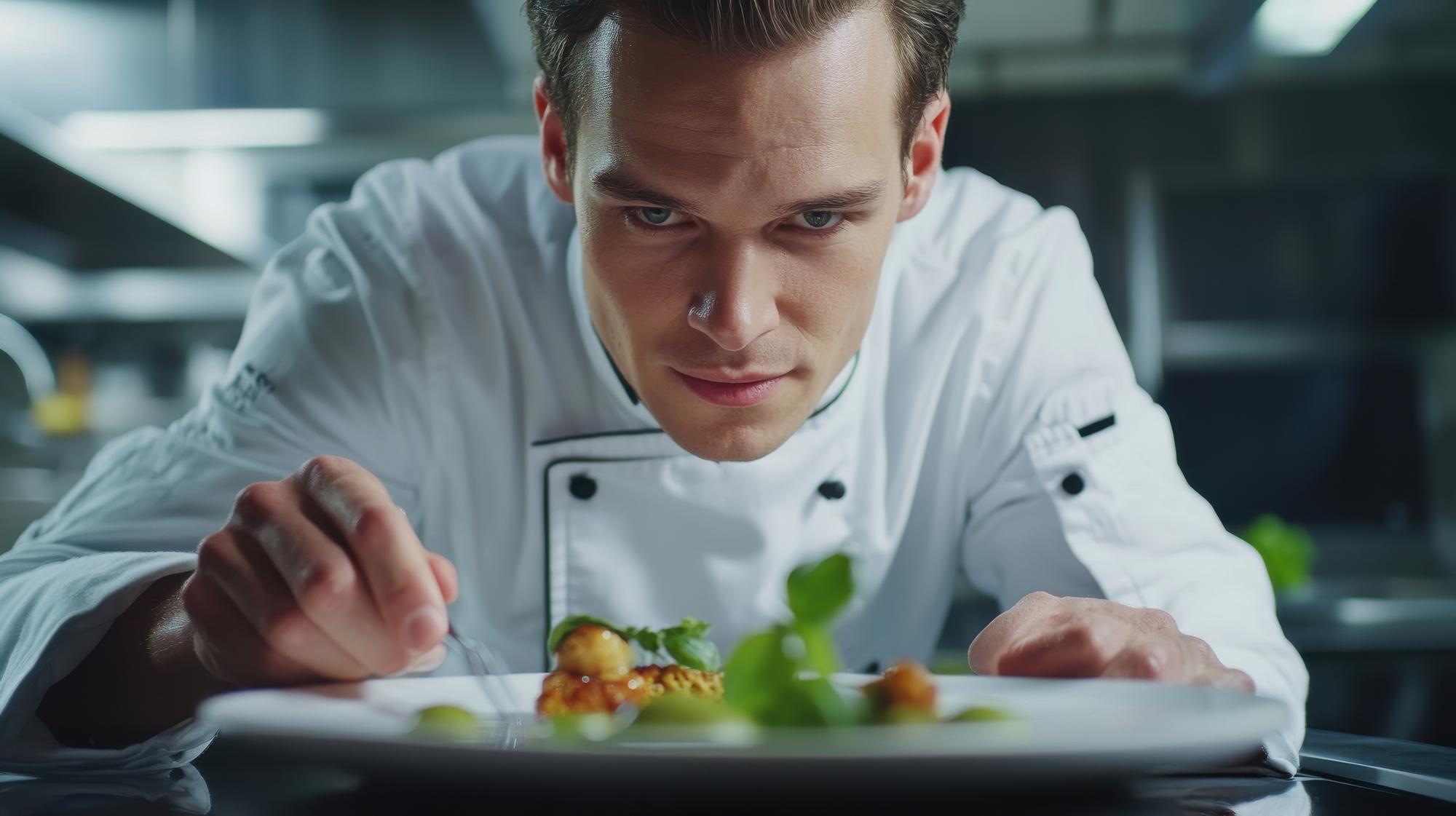 Chef demonstrating plating in modern kitchen